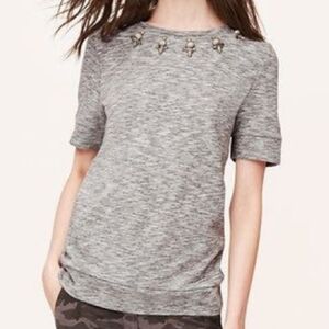 LOFT Gray Short Sleeve Top with Beautiful Jewel Embellishments Women's Size MP